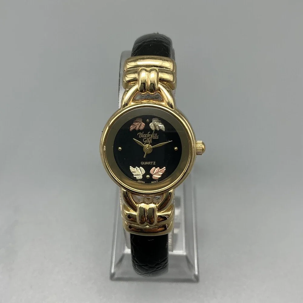 Vintage Black Hills Gold Womens Watch 23mm 12K Gold Leaves Cuff New Battery